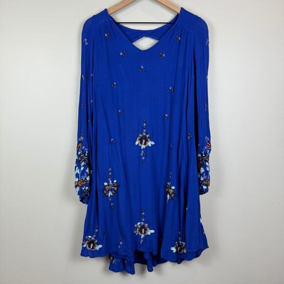 Free People Mini Dress Womens M Royal Blue Oxford Embroidered Oversized Bohemian - Picture 2 of 11